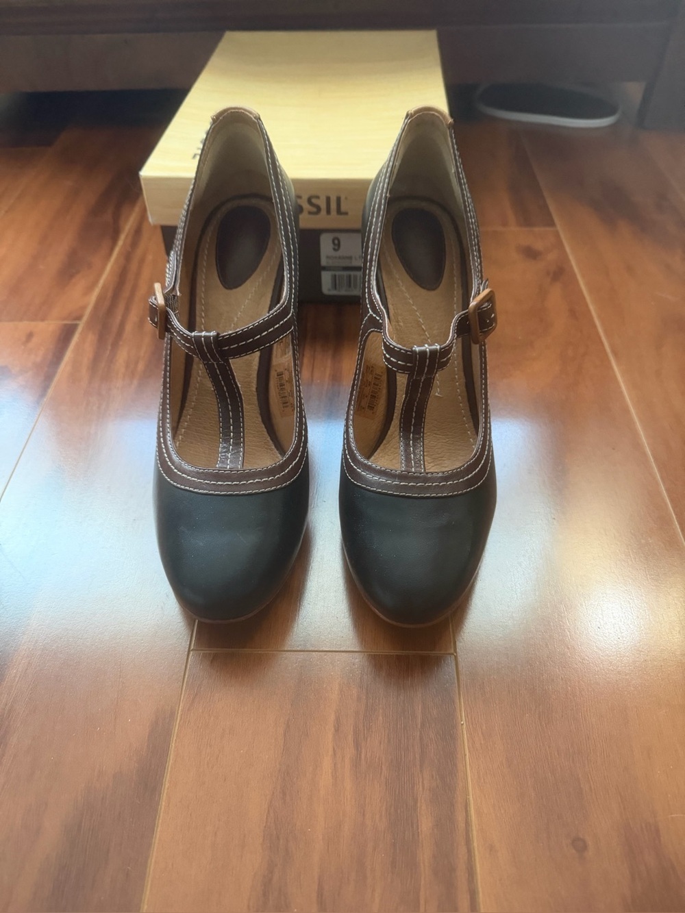 Fossil Black and Brown T-Strap Heeled genuine Italian leather Mary Janes